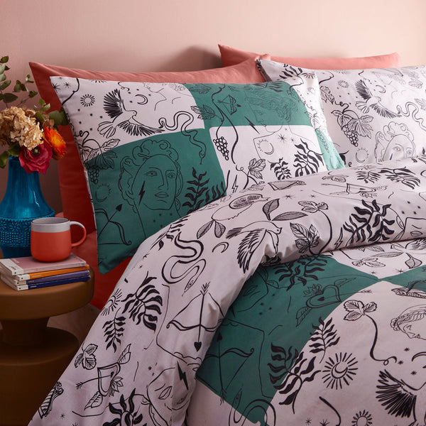 Mythos Checkerboard Single Duvet Set Green/Natural - Riva