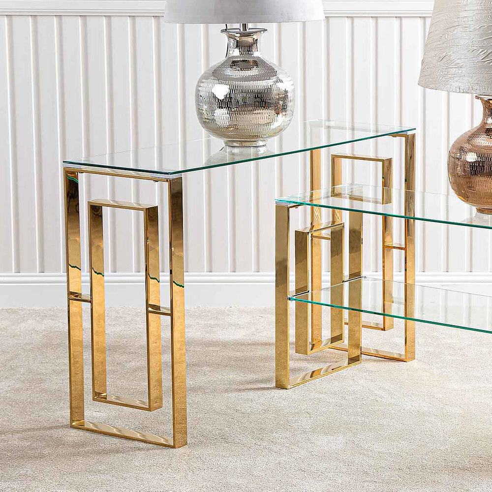 Apex Gold Metal Console Table Clear Glass Top