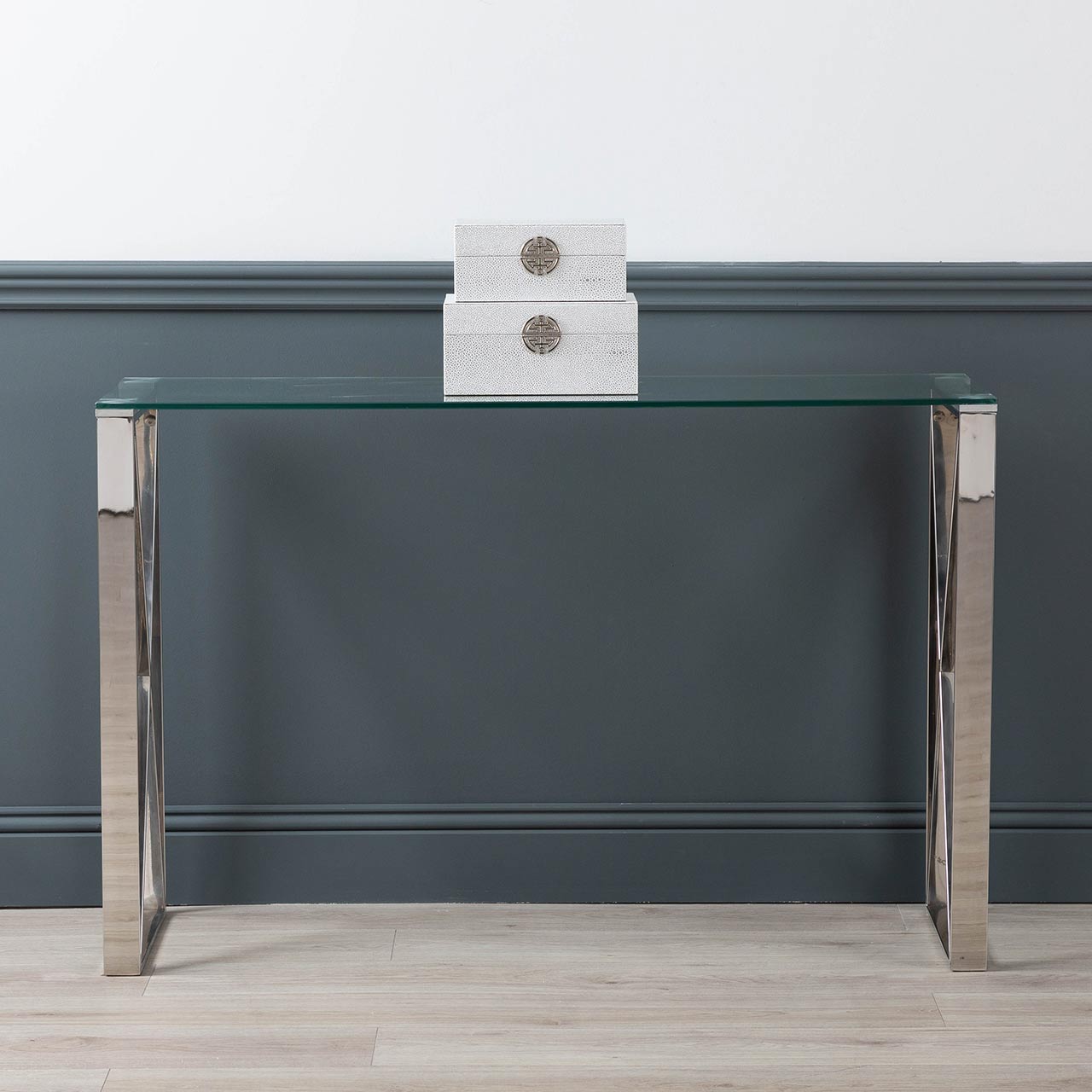 Zenith Stainless Steel Console Table Clear Glass Top