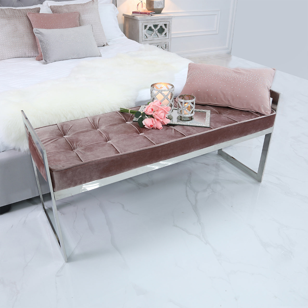 Zenith Stainless Steel Bench With Rose Pink Fabric Seat