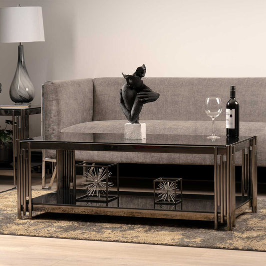 Cohen Black Gunmetal Steel Tubes and Smoke Glass  Top Coffee Table - Black Bottom Glass
