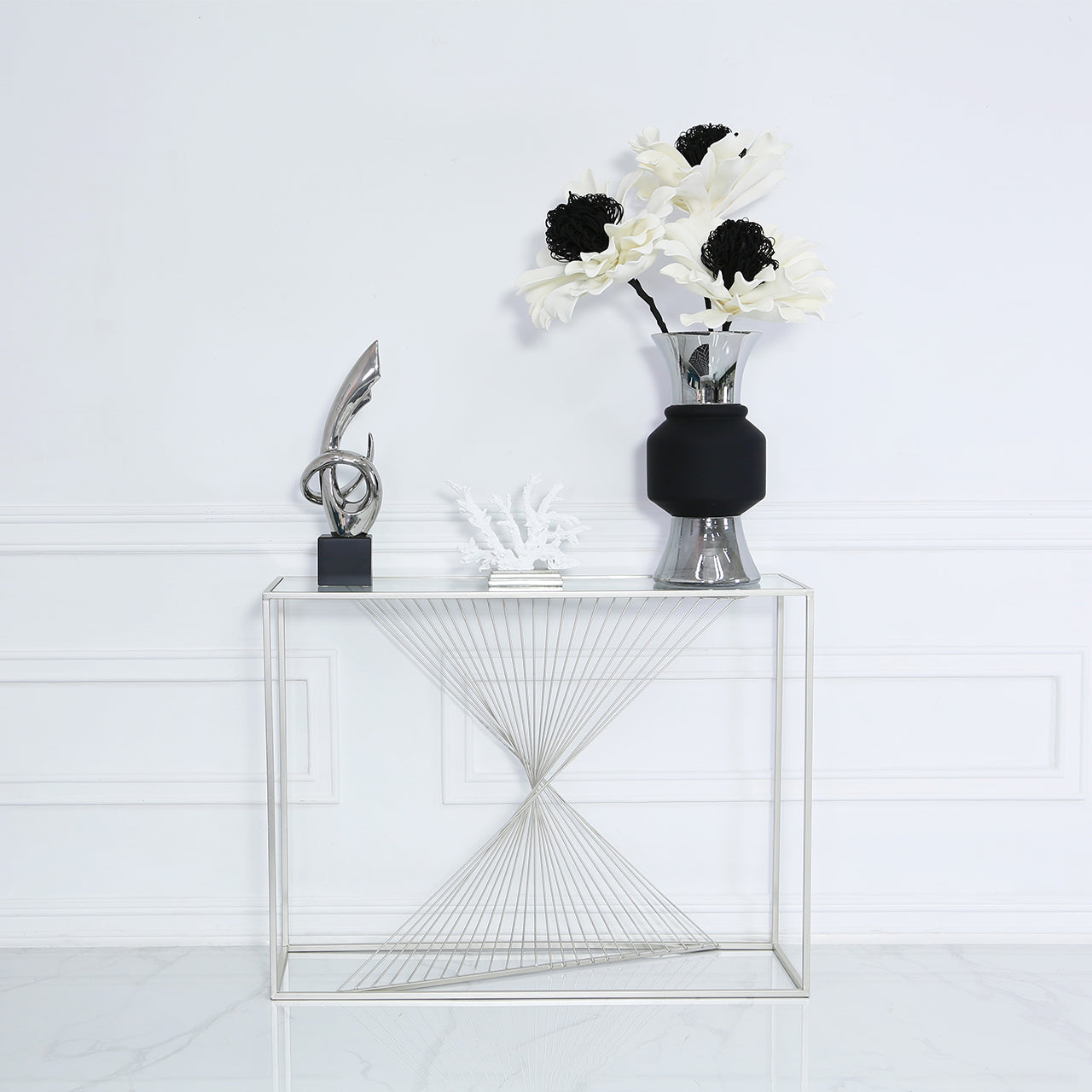Luna Silver Metal Console Table Clear Glass Top