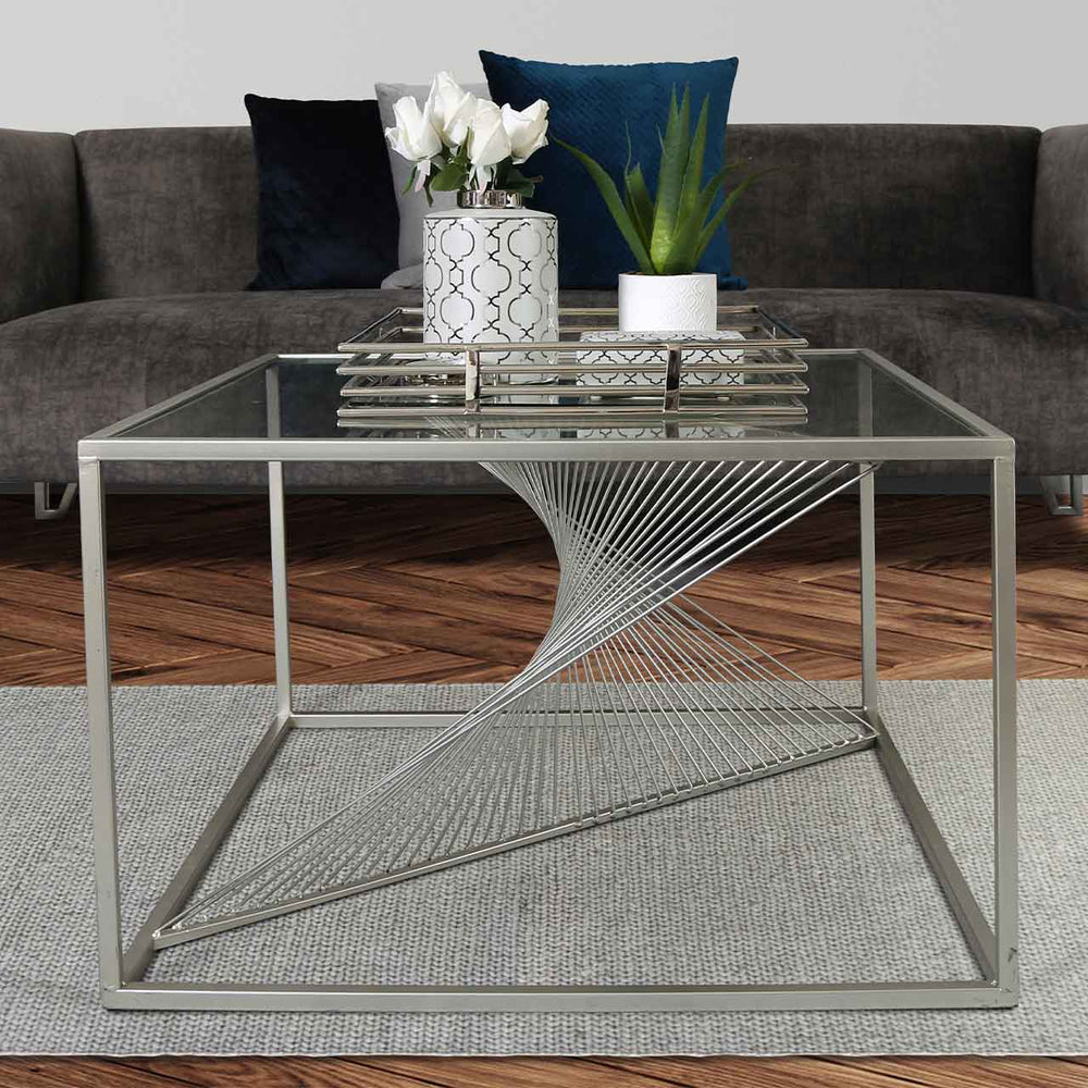 Luna Silver Metal Coffee Table Clear Glass Top