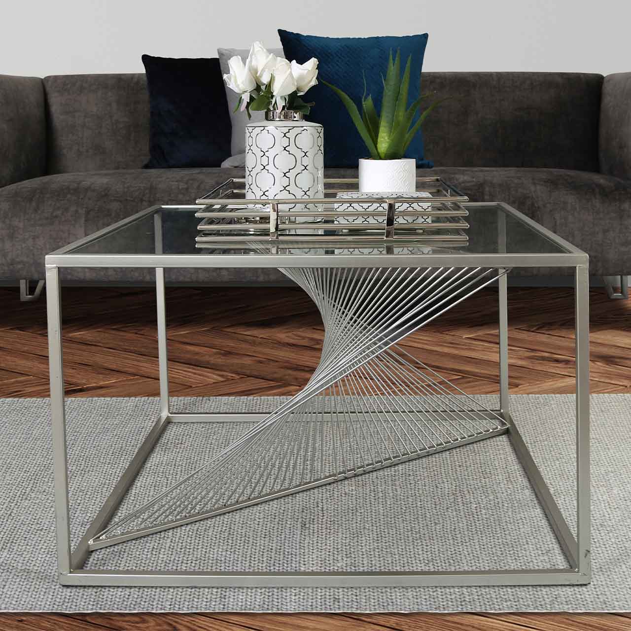 Luna Silver Metal Coffee Table Clear Glass Top