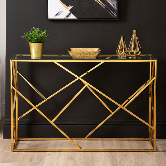 Azaria Gold Metal Console Table Glass Top