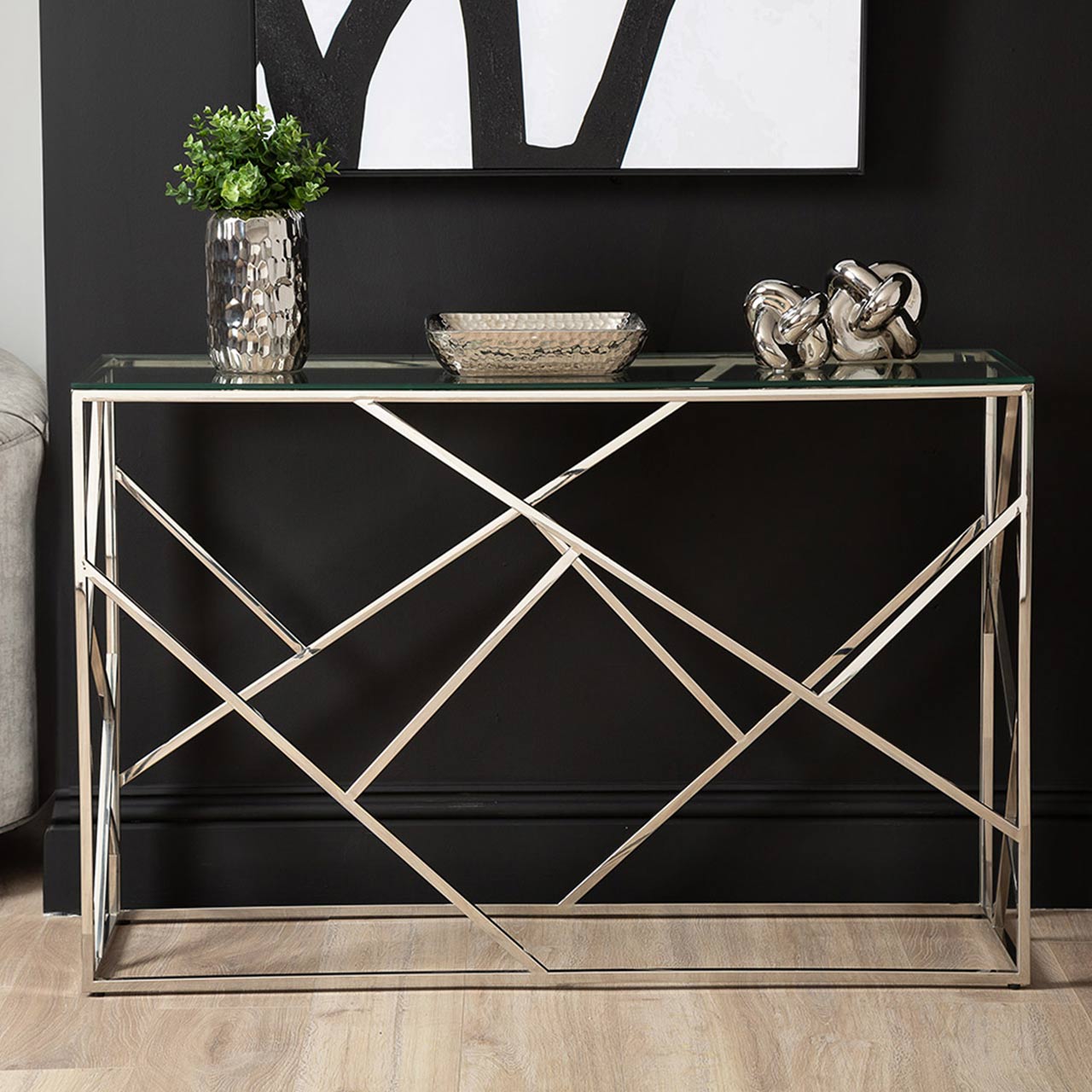 Azaria Stainless Steel Console Table Glass Top
