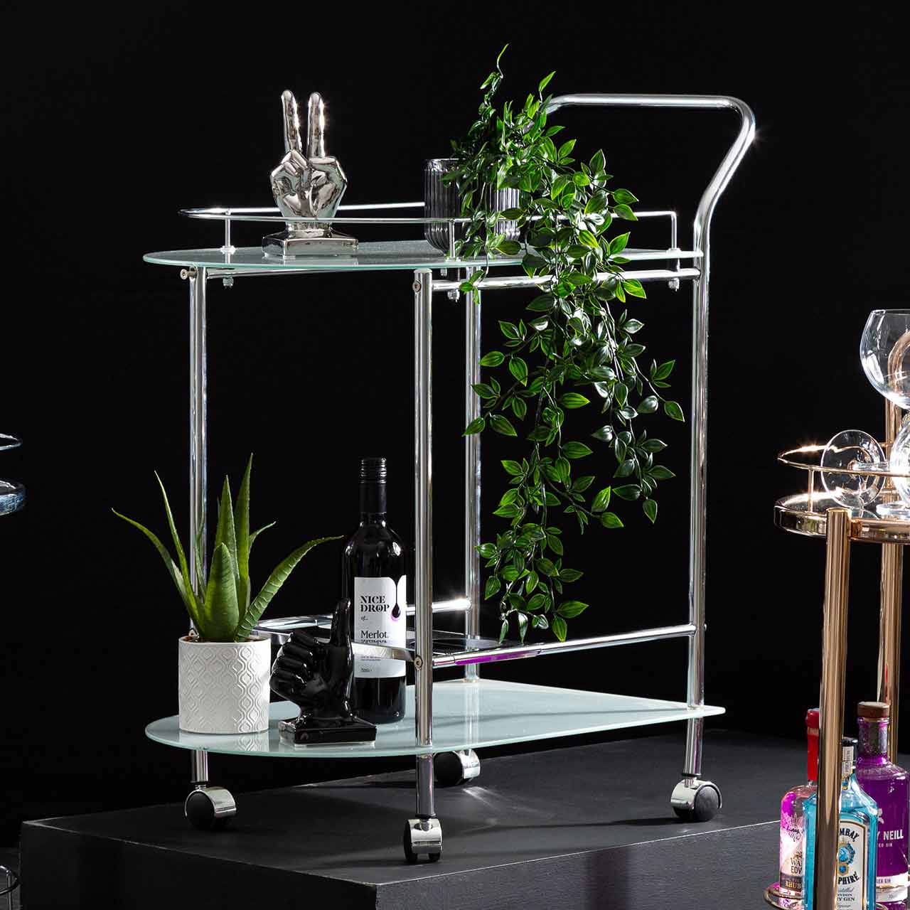 Bavaro Chrome Metal & White Glass Drinks Trolley - D