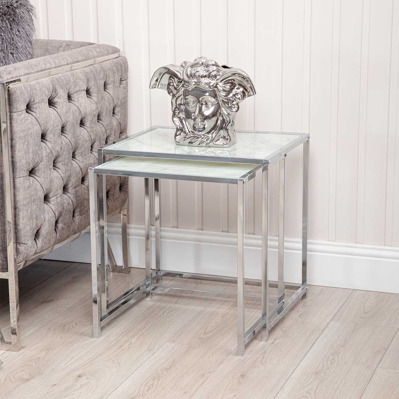 Set of 2 Carra White Marble Effect End Tables