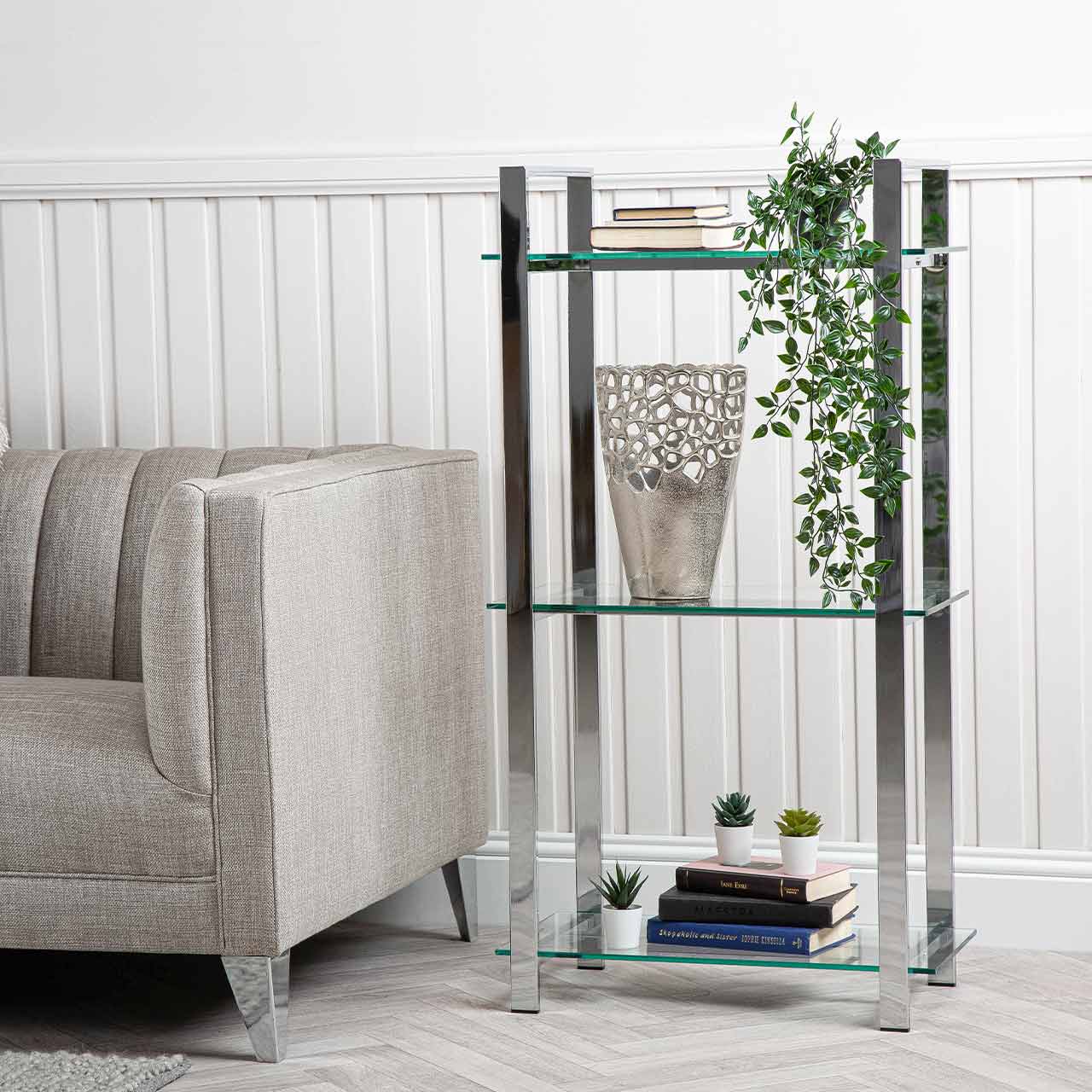 Harry 113cm Chrome and Clear Glass 3 Tier Display Unit - KD