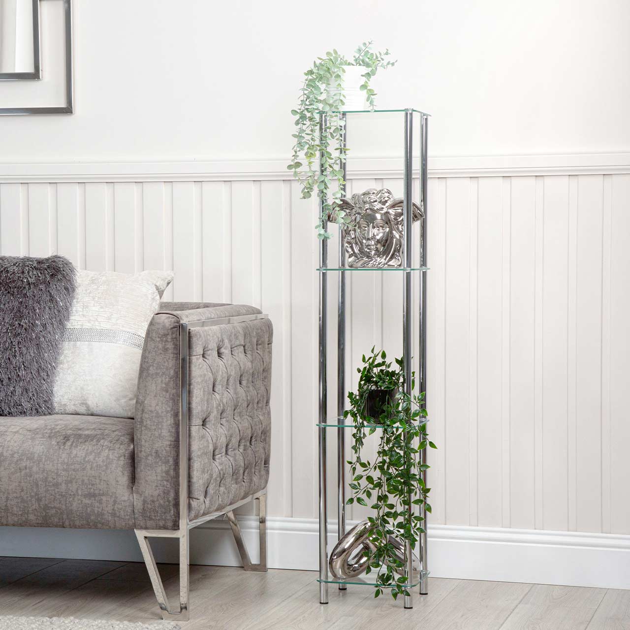 Harry 126.8cm Chrome and Clear Glass 4 Tier Display Unit - KD