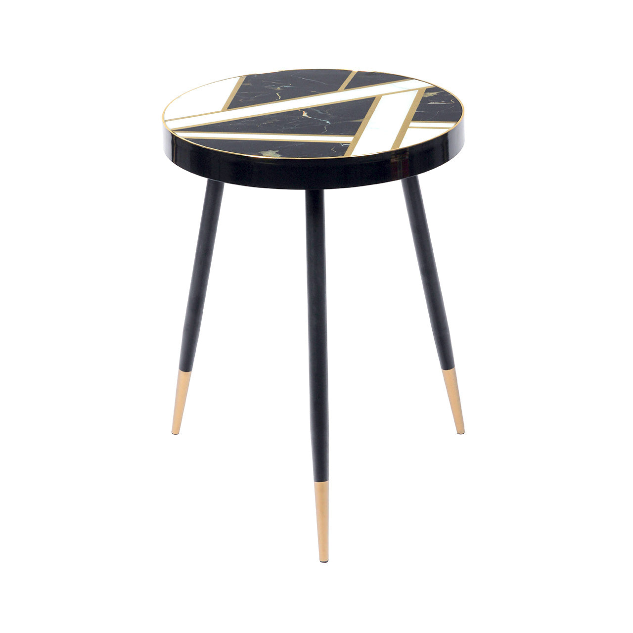 61.5cm Metal End Table with Black and White Marble Design Glass Top - KD