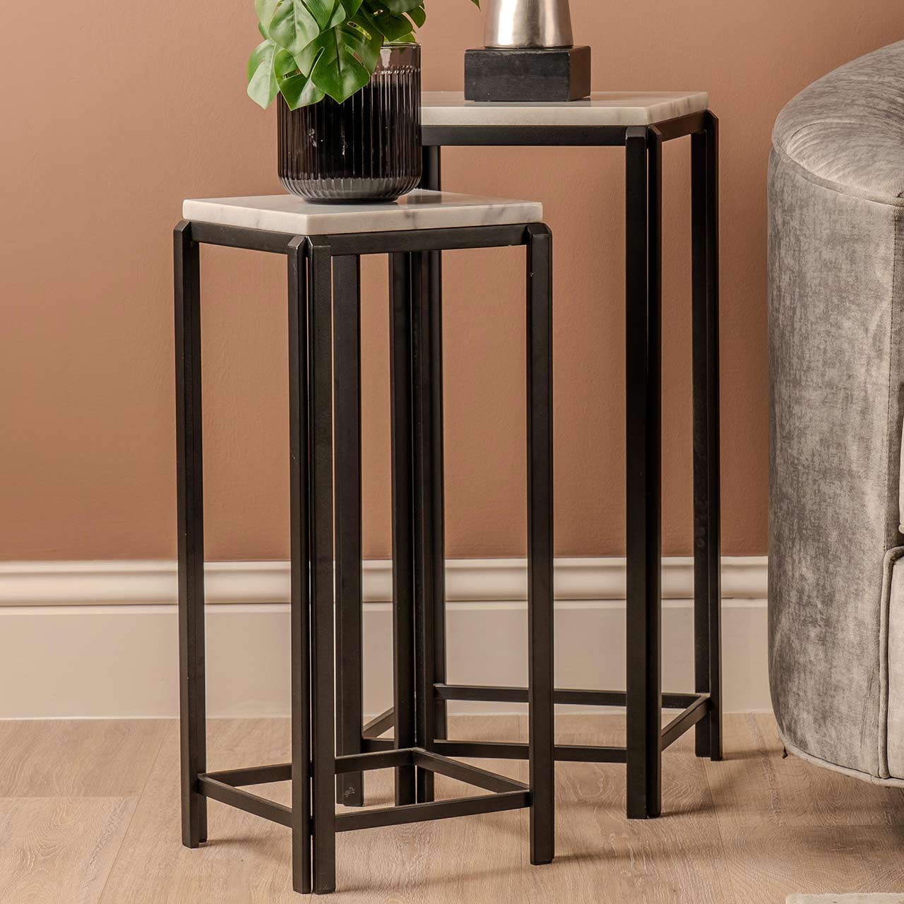 Set of 2 Lena White Marble End Table with Black Metal Legs
