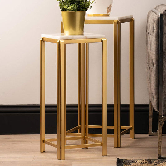 Set of 2 Lena White Marble End Table with Gold Metal Legs