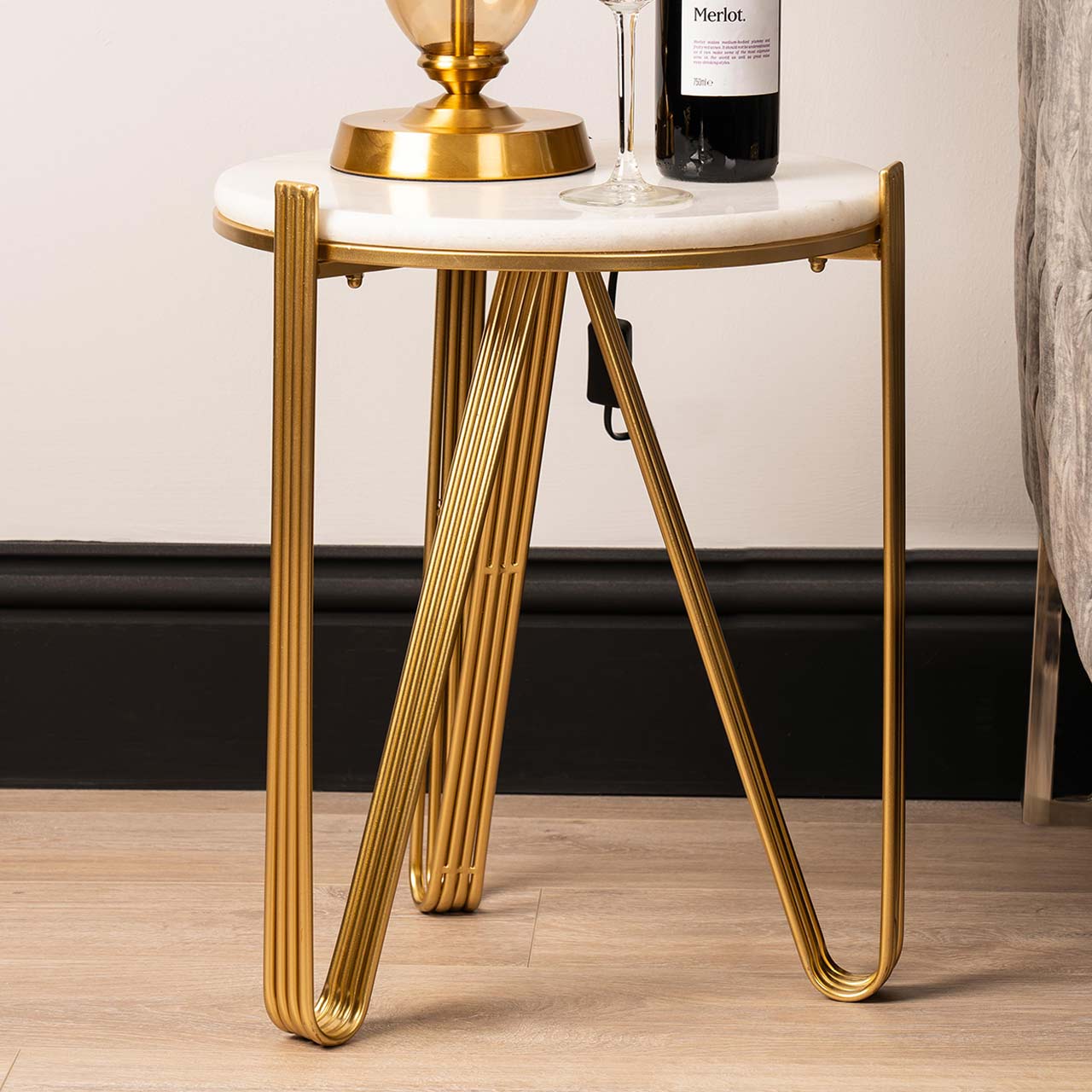 Yohan White Marble End Table with Gold Metal Legs-KD