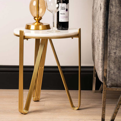 Yohan White Marble End Table with Gold Metal Legs-KD