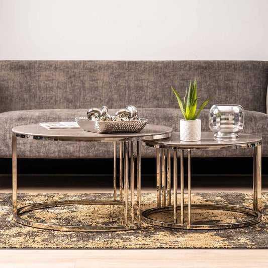 Set of 2 Chrome Metal Coffee Table with Grey Marble Design Glass Top Coffee Table-BASE