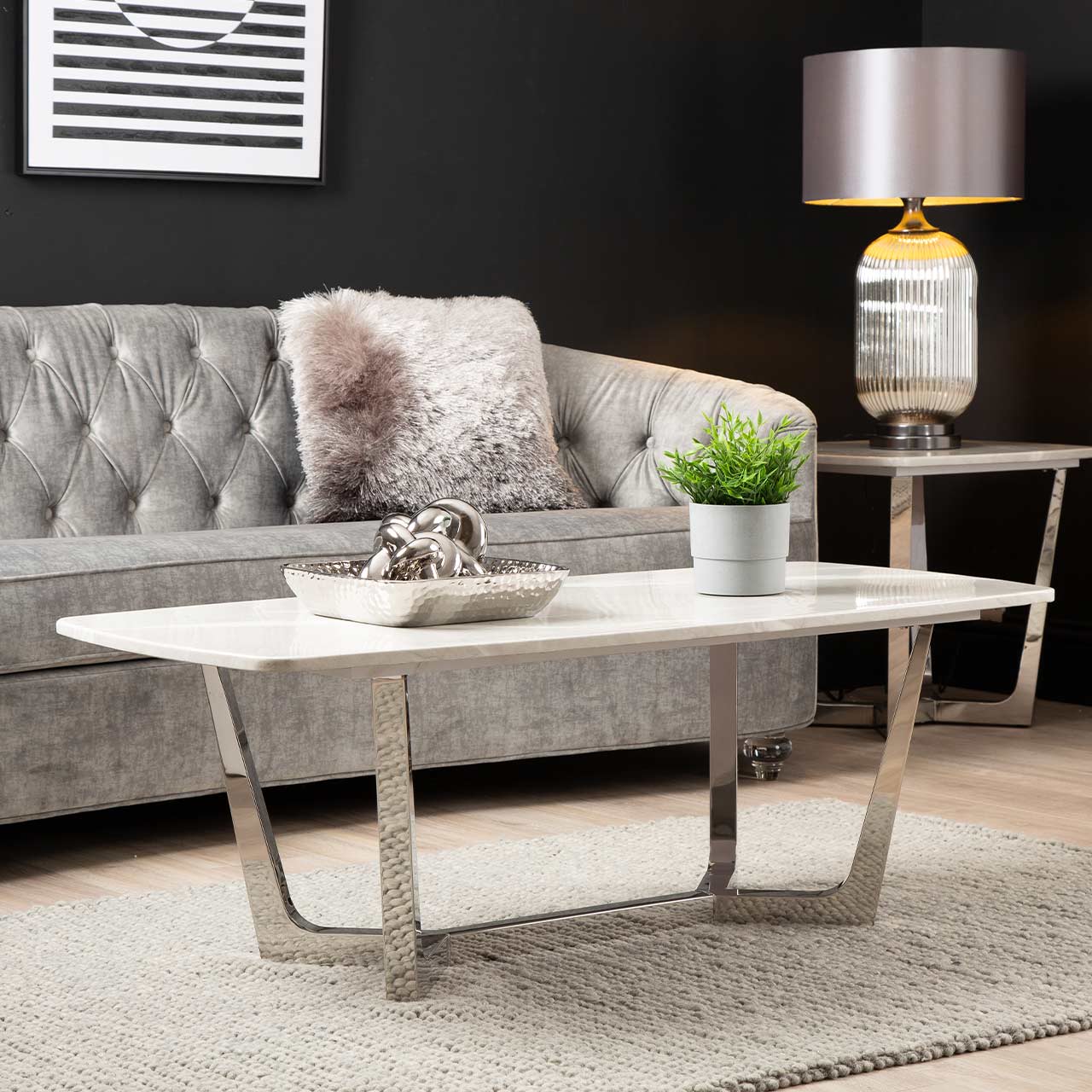 Meghan Chrome Metal Coffee Table with Grey Faux  Marble Top - Part 2 Base