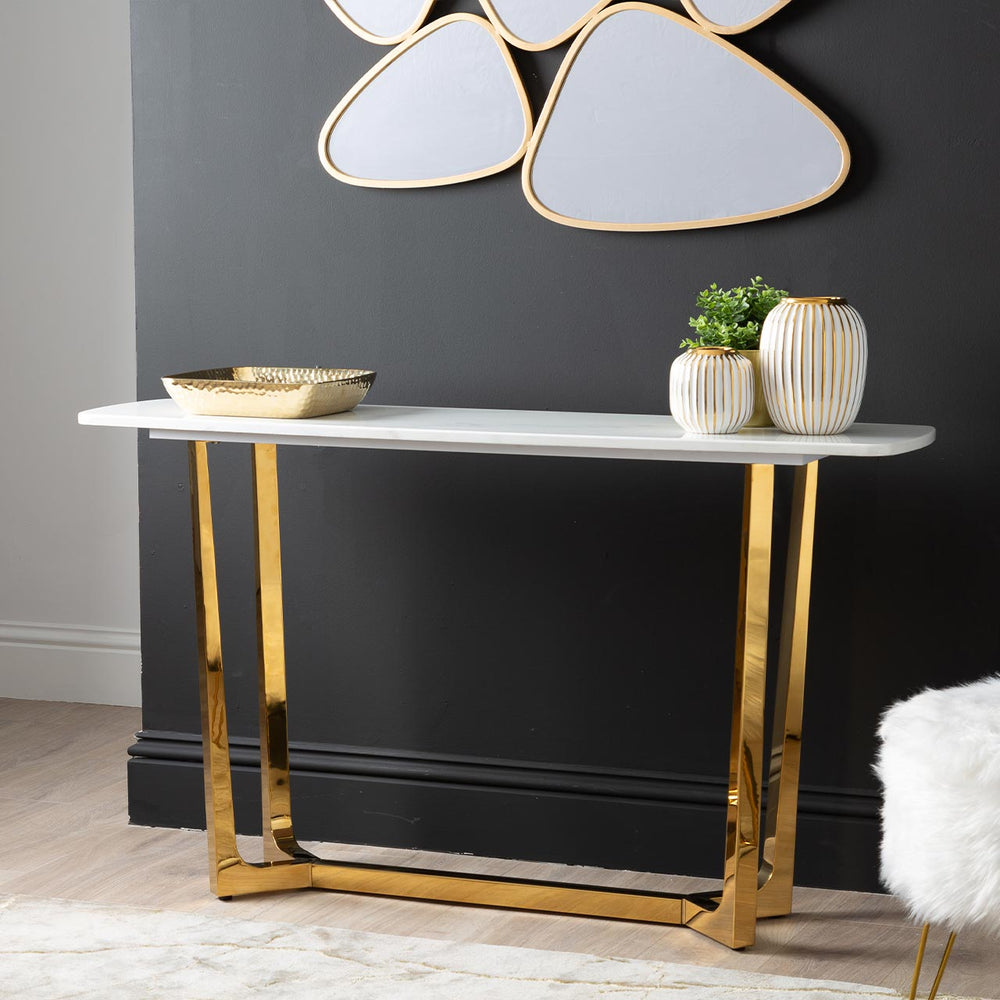 Meghan Gold Metal Console Table with White Faux Marble Top – 2 Parts