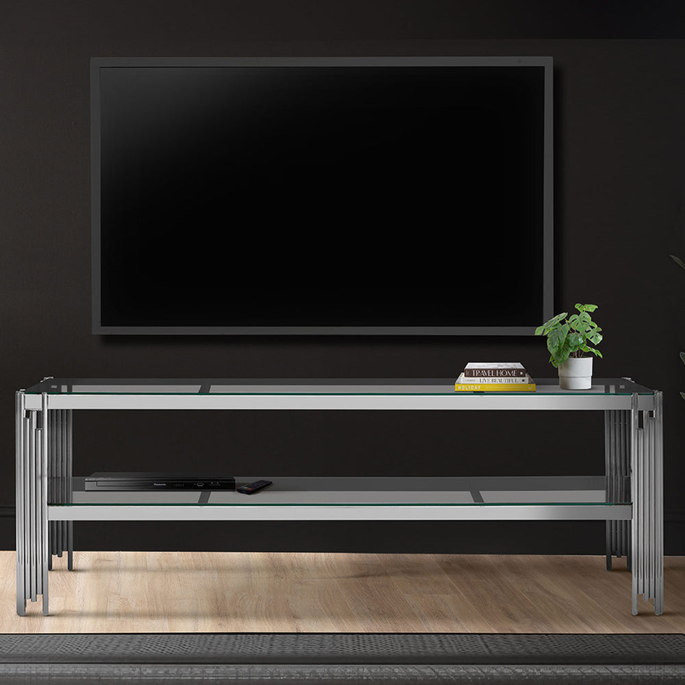Cohen Chrome Steel Tubes Entertainment Unit with Clear Glass Shelves