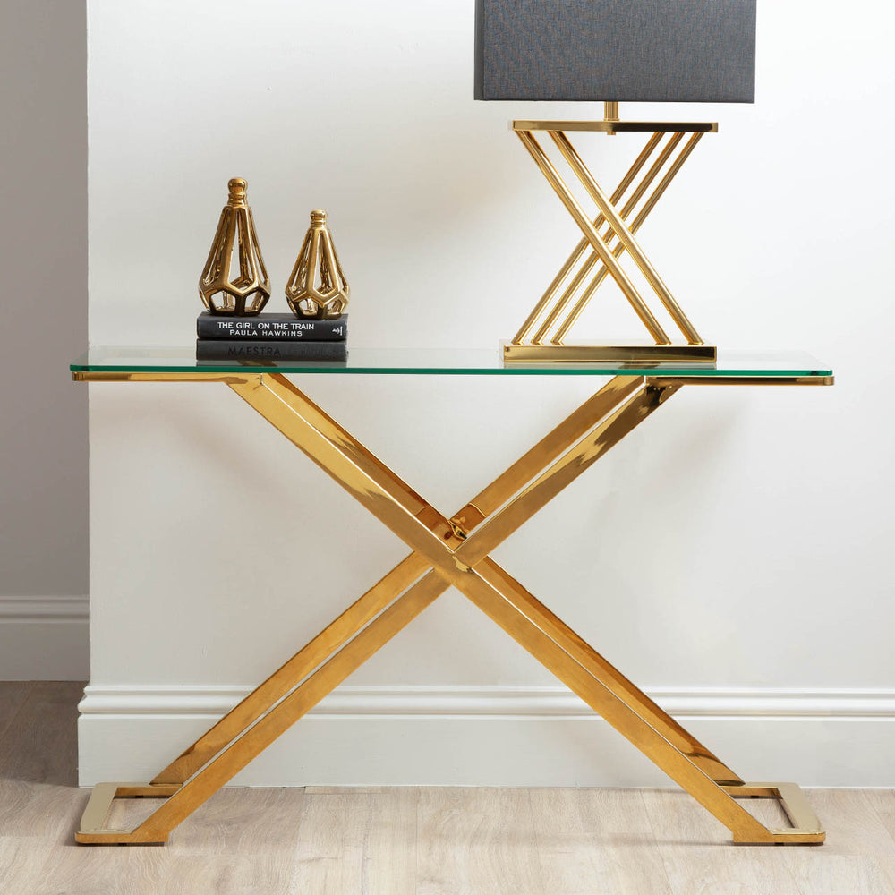 Axel Gold Metal Console Table with Clear Glass – Top