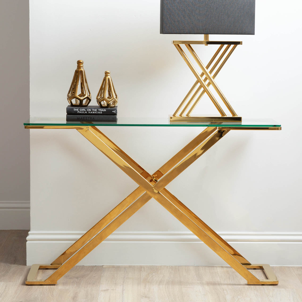 Axel Gold Metal Console Table with Clear Glass-Top
