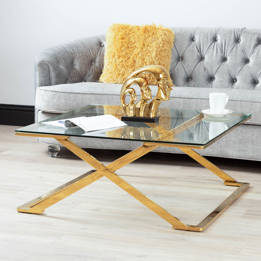 Axel Gold Metal Coffee Table with Clear Glass-Base