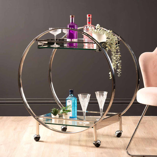 96cm Chrome Metal and Clear Glass Drinks Trolley - Base