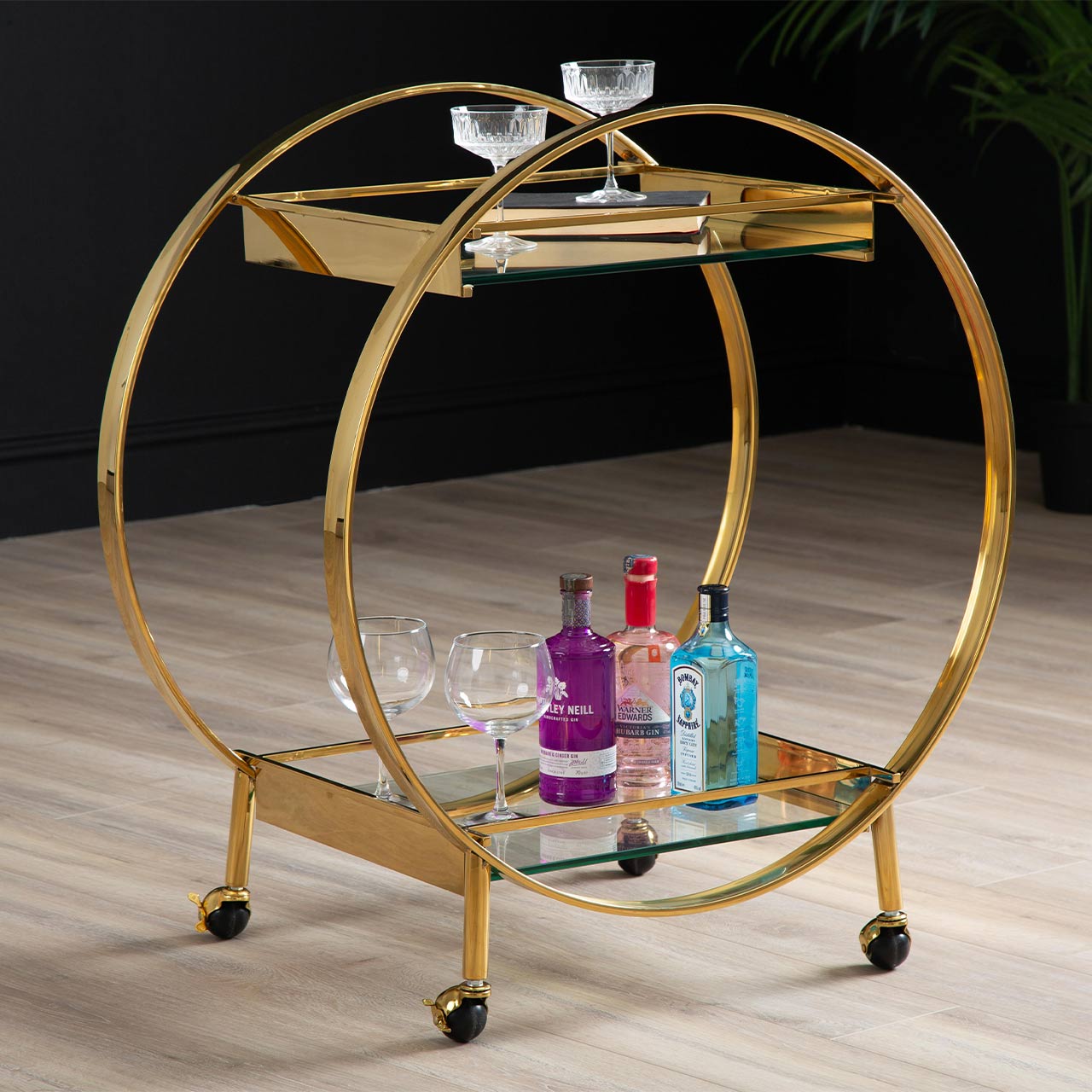 96cm Gold Metal and Clear Glass Drinks Trolley- Base
