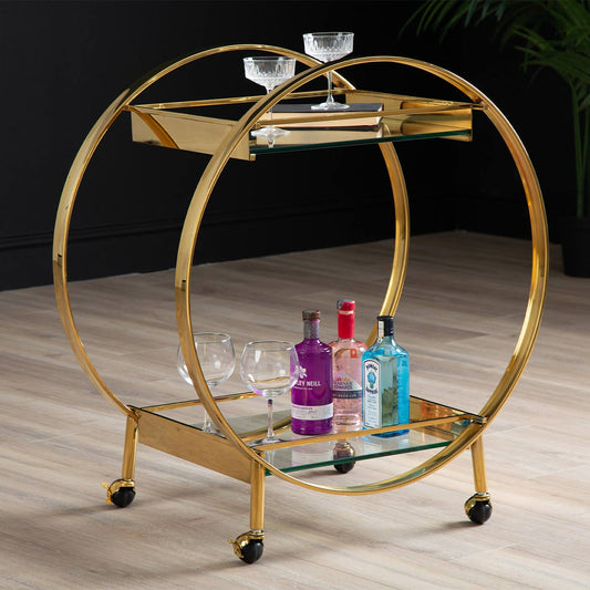 96cm Gold Metal and Clear Glass Drinks Trolley- Base