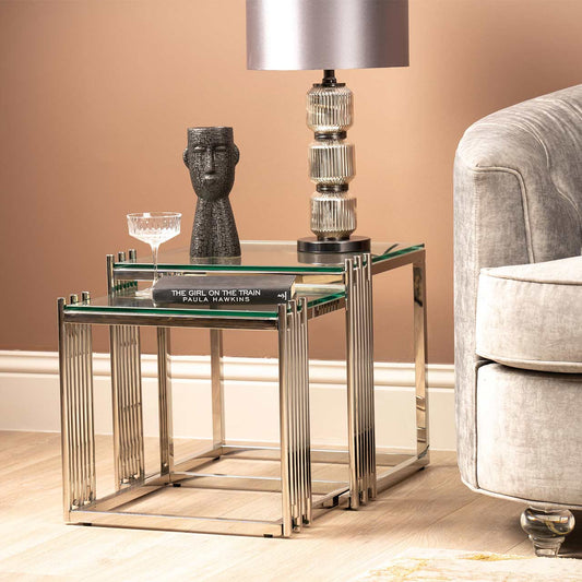 Cohen Set of 2 Chrome Steel Tubes and Clear Glass Nesting Table