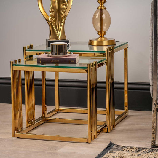 Cohen Set of 2 Gold Steel Tubes and Clear Glass Nesting Table