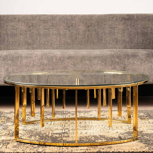 Owen Round Gold Metal Coffee Table with Clear Glass Top-Part 1 Top