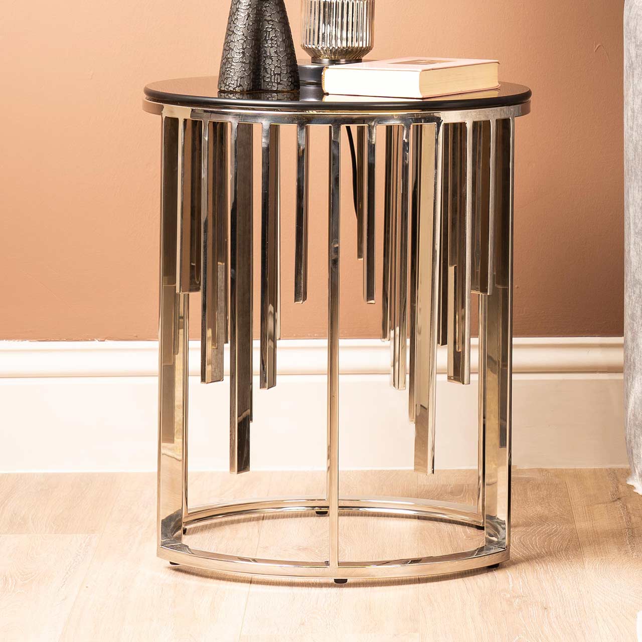Owen Round Chrome Metal End Table with Smoke Glass Top-Part 1 Top
