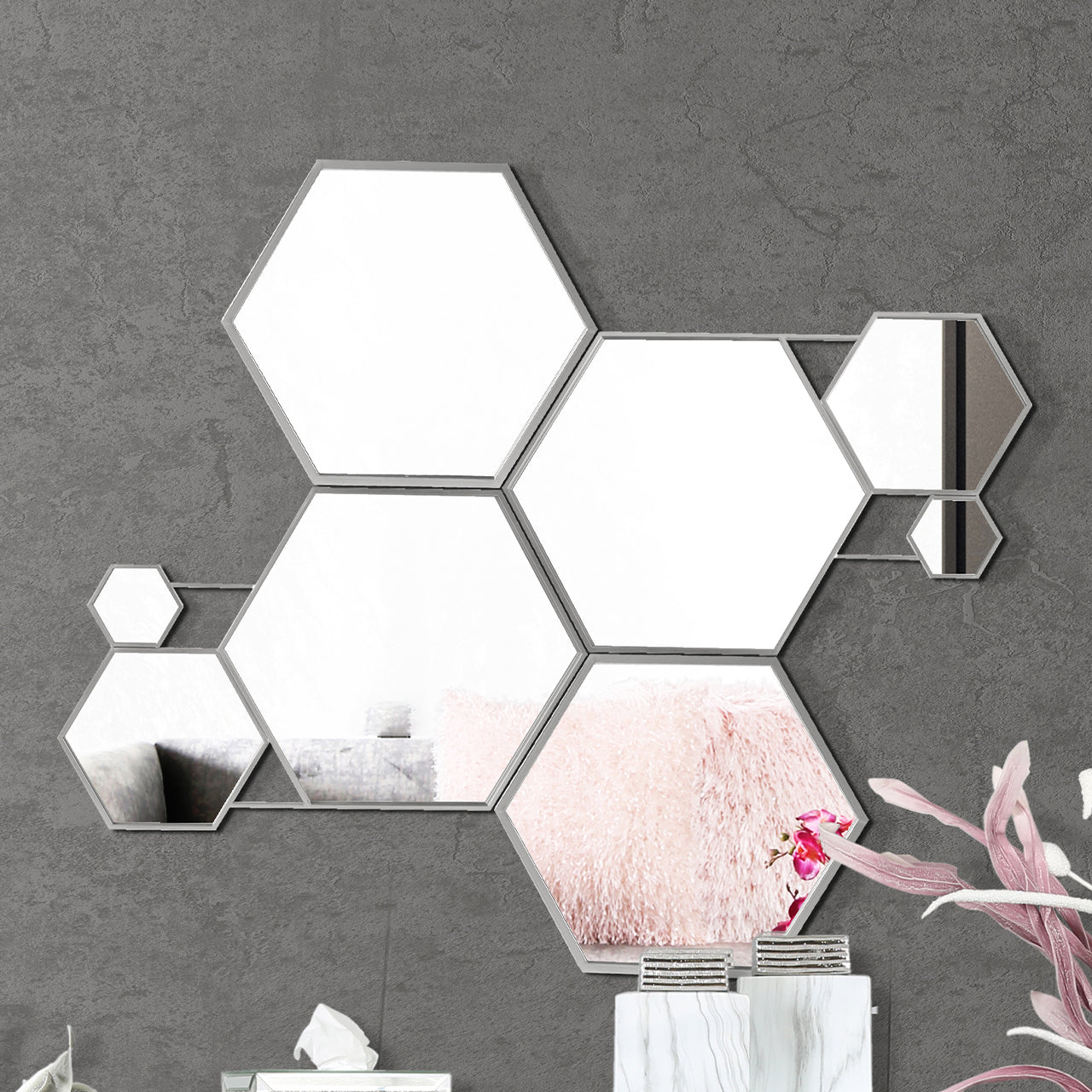 100cm Hexagon Mirror Silver