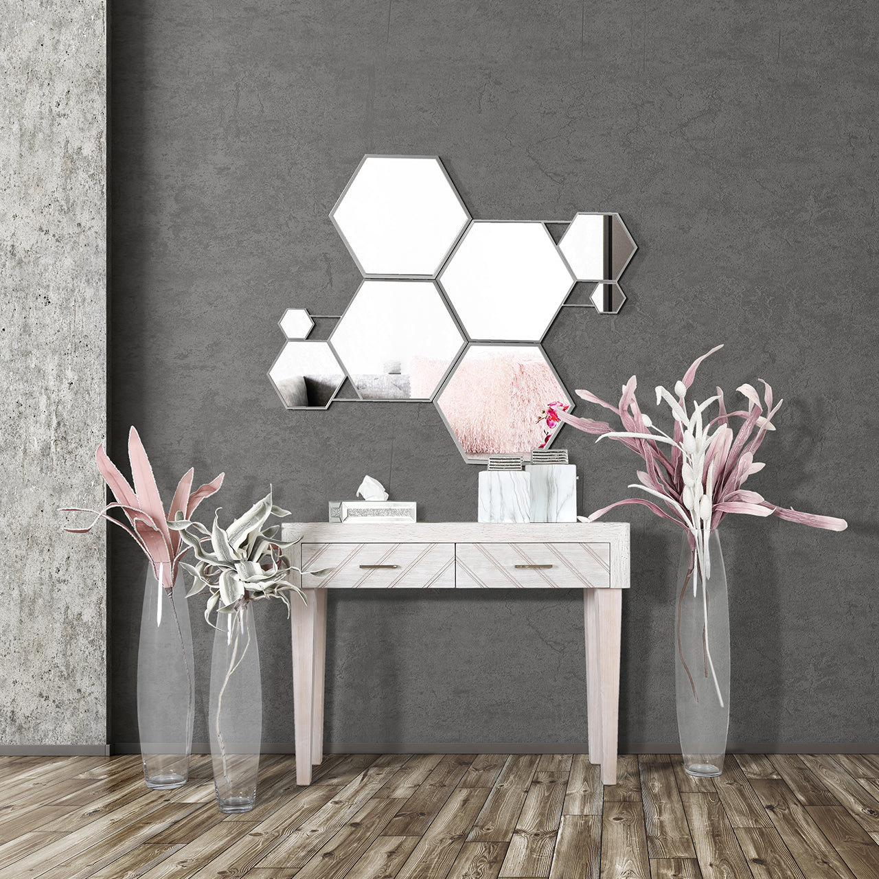 100cm Hexagon Mirror Silver