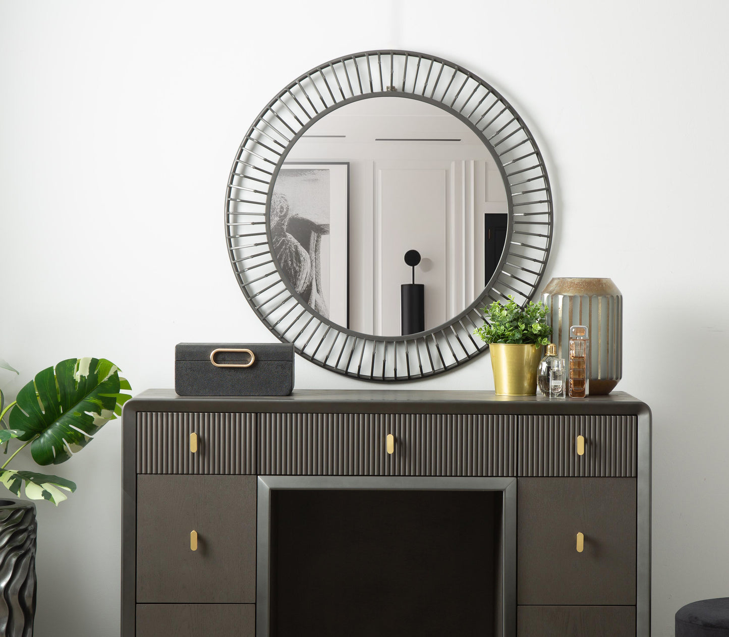81.3cm Grey Gunmetal Round Wall Mirror
