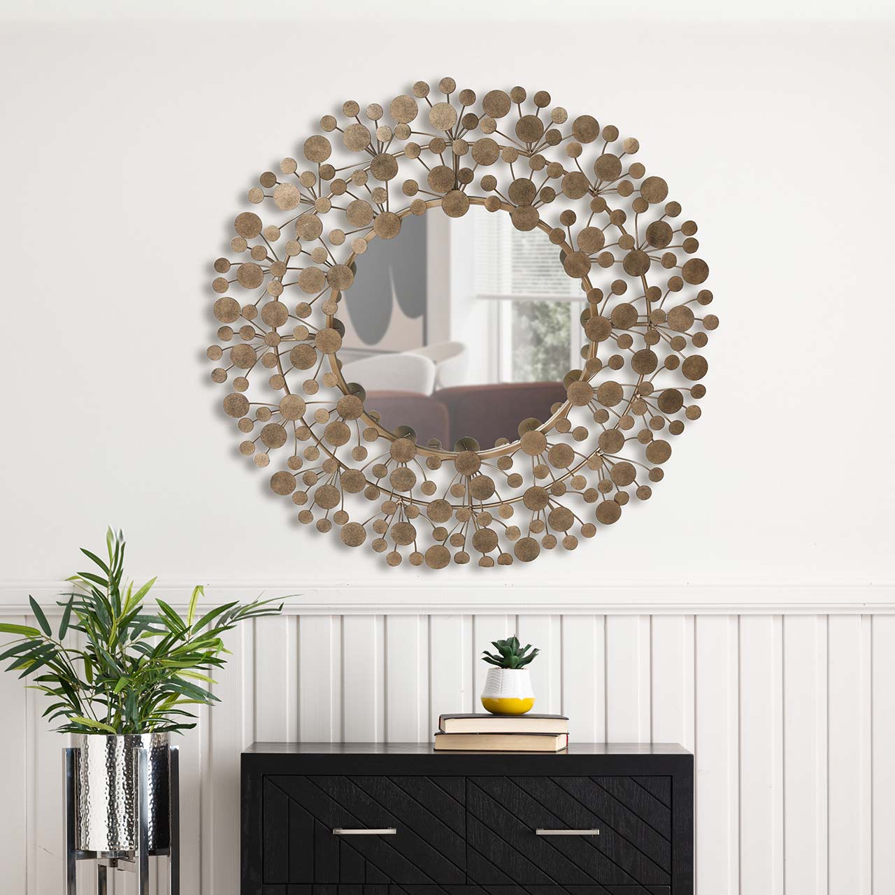 93.5cm Antique Gold Art Deco Round Wall Mirror