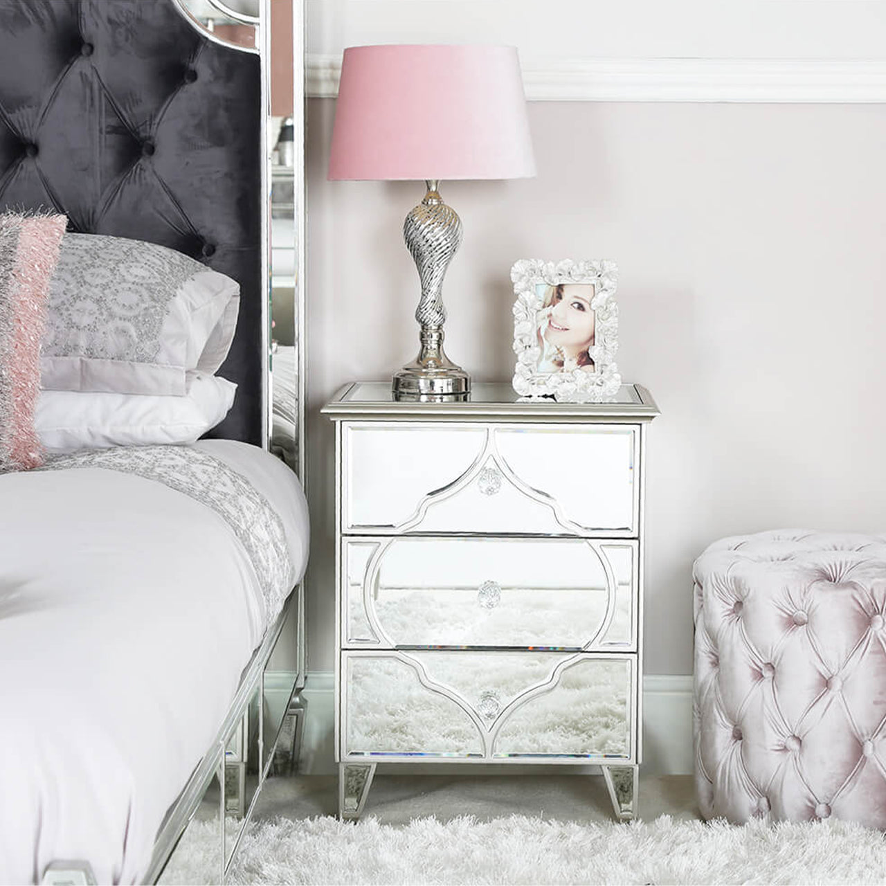 Marrakech 3 Drawer Mirror Bedside Cabinet Silver