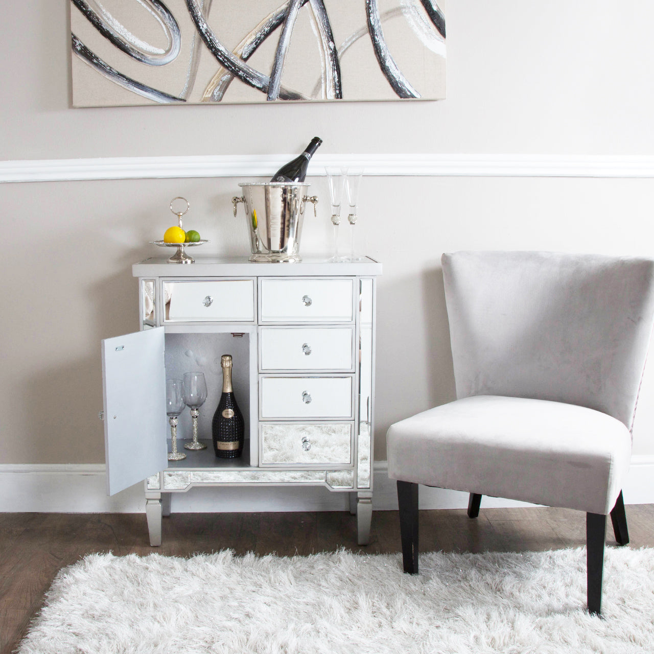 Vista 5 Drawer 1 Door Silver Wood And Mirror Cabinet