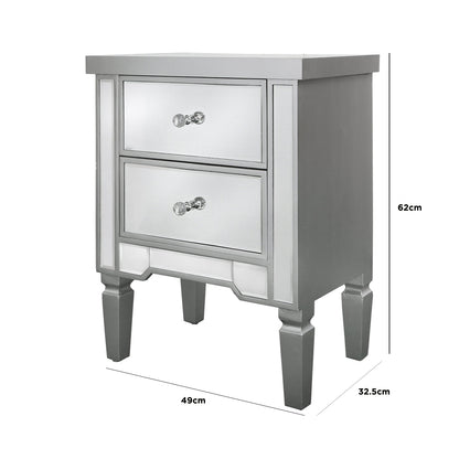 Vista 2 Drawer Silver Wood And Mirror Bedside Cabinet