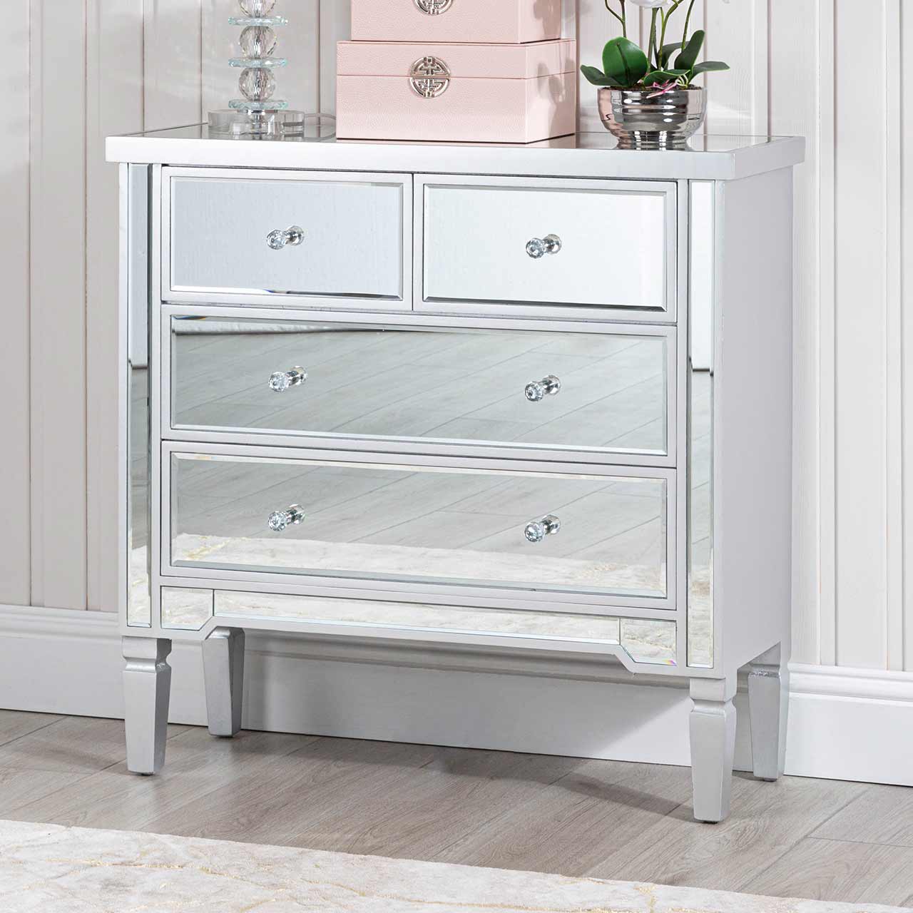 Vista 4 Drawer Silver Wood And Mirror Cabinet