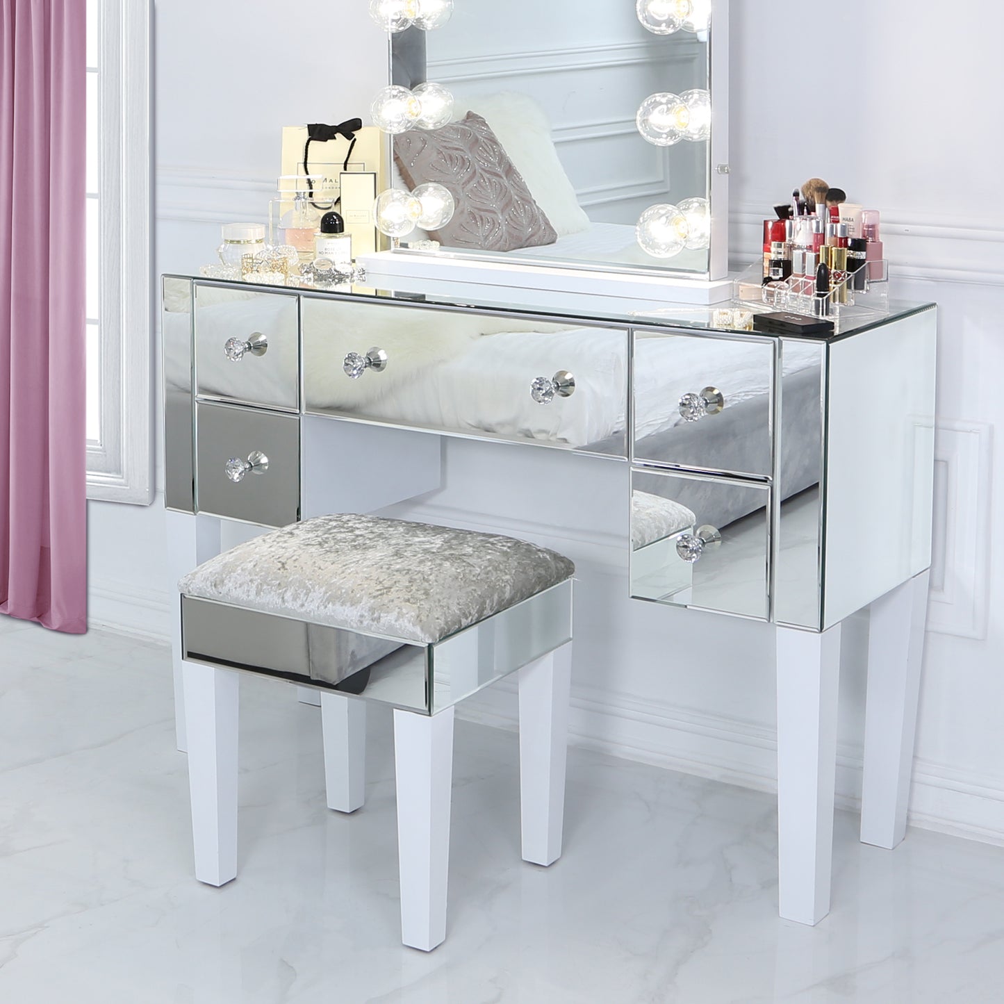 Harlow 5 Drawer Dressing Table Mirror With White Gloss Legs