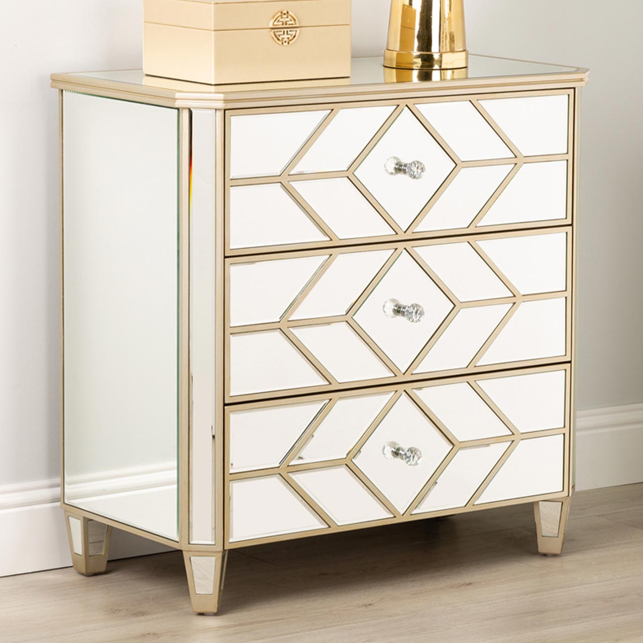 Becca 3 Drawer Mirror Chest Champagne