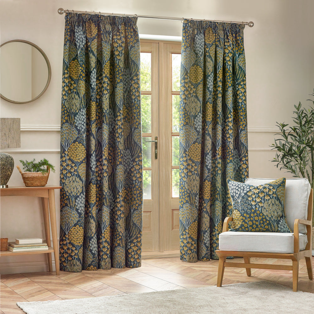 Ophelia 117x182 Pencil Pleat Curtains Blue/saffron