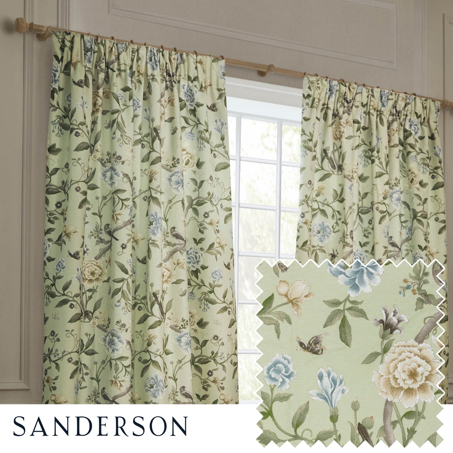 PORCELAIN GARDEN 167X182 PENCIL PLEAT CURTAINS SAGE