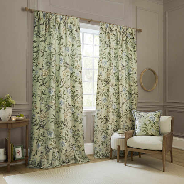 Porcelain Garden 228x137 Pencil Pleat Curtains Sage - view 3
