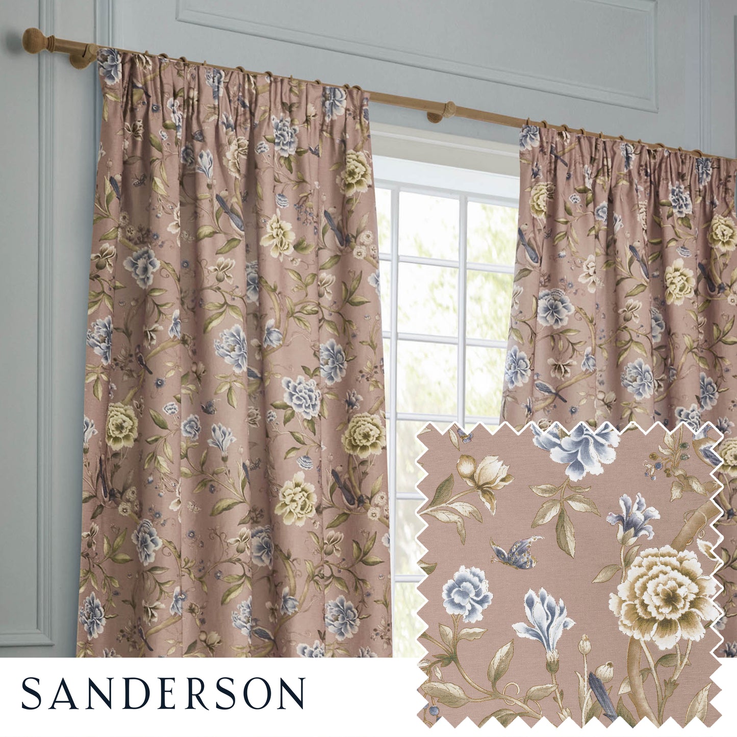 PORCELAIN GARDEN 228X182 PENCIL PLEAT CURTAINS BLUSH