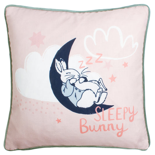 PETER RABBIT SLEEPY HEAD 43X43 FEATHER FILLED CUSHION PINK