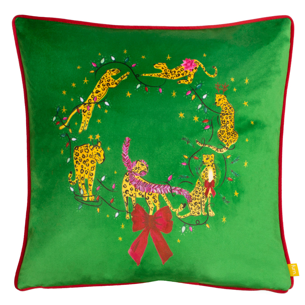 Purrfect Leaping Leopards 43x43 Feather Filled Cushion Green/gold