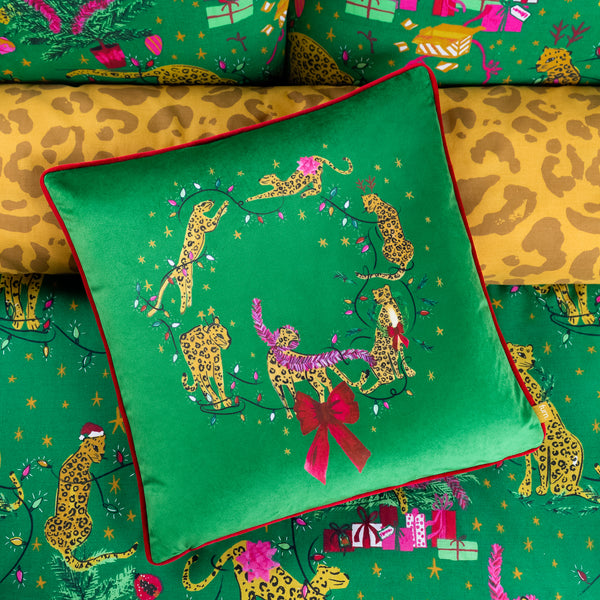 Purrfect Leaping Leopards 43x43 Feather Filled Cushion Green & Gold - view 5